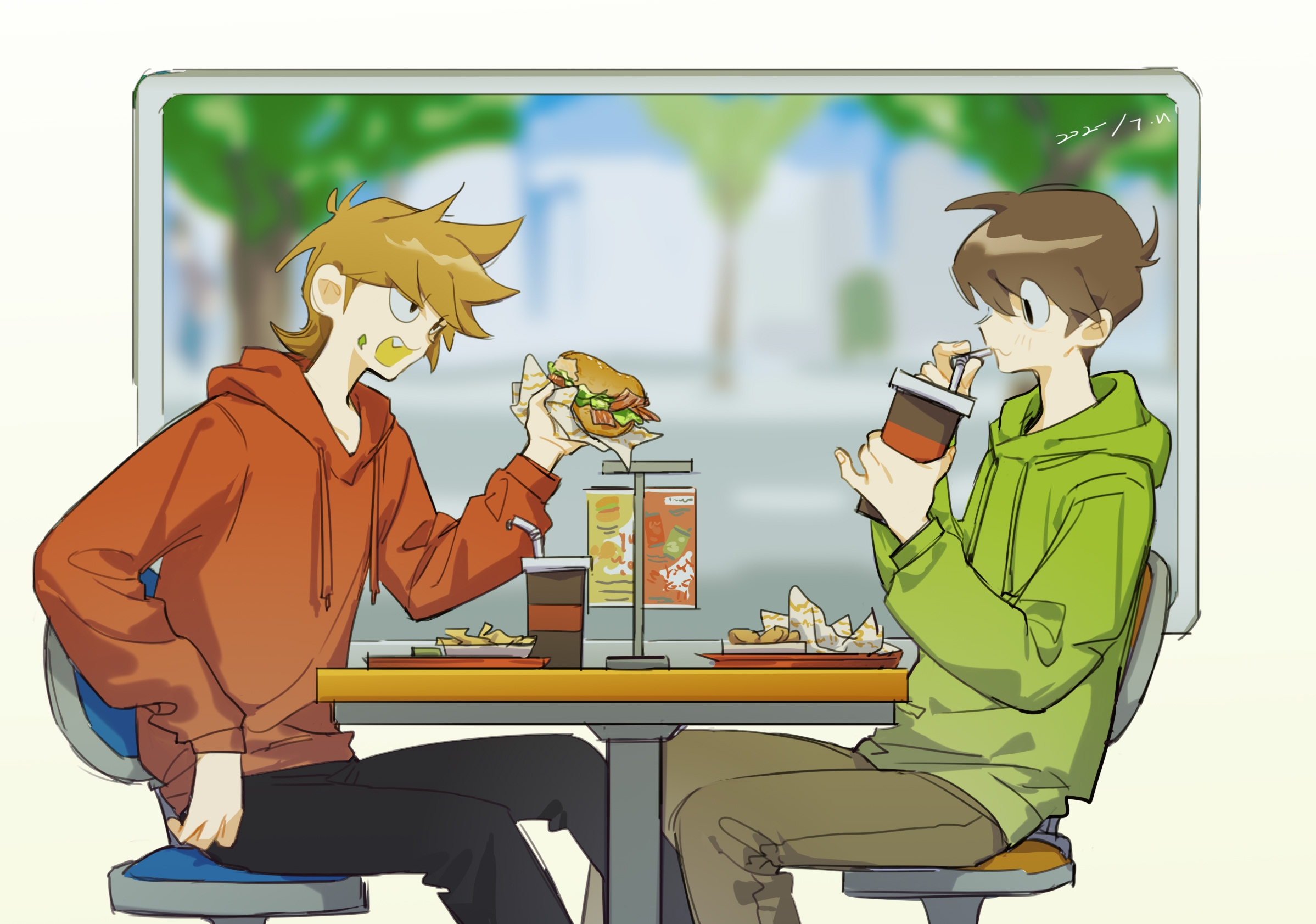 edd (eddsworld), eddsworld, chinese commentary, commentary request, highres, 2022, 2boys, :3, antenna hair, bacon, black eyes, black pants, blue sky, blurry, blurry background, brown hair, brown pants, burger, chair, chips (food), closed mouth, cup, dated, day, disposable cup, drawstring, drinking, drinking straw, drinking straw in mouth, fang, fast food, feet out of frame, fingernails, food, food on face, green hoodie, hair between eyes, holding, holding burger, holding cup, holding food, hood, hood down, hoodie, indoors, lettuce, long sleeves, looking at another, looking at cup, male focus, multiple boys, on chair, open mouth, pants, pinky out, profile, puffy long sleeves, puffy sleeves, red hoodie, short hair, sitting, sky, soda, swept bangs, table, tord (eddsworld), tray, tree, upturned eyes, very short hair, window, xic94