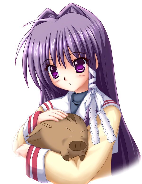 asakura kaoru, botan (clannad), fujibayashi kyou, clannad, 00s, 1girl, female focus, hair ribbon, long hair, purple eyes, purple hair, ribbon, school uniform, serafuku, solo