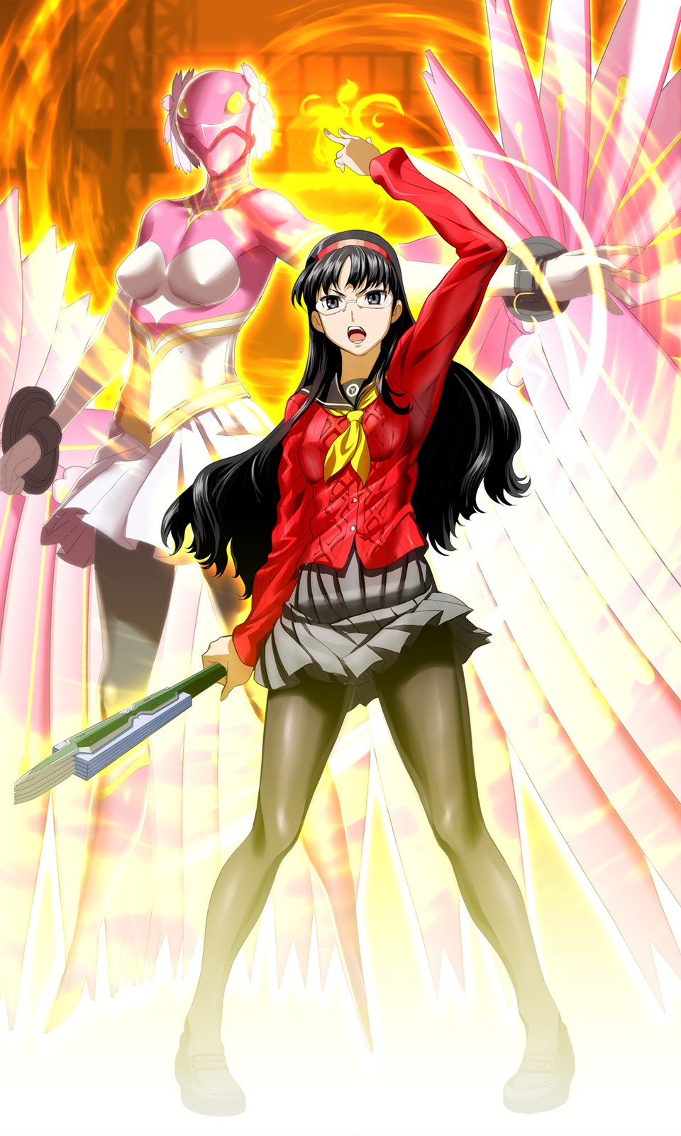 g-tetsu, amagi yukiko, konohana sakuya (persona), atlus, persona, persona 4, highres, 2girls, glasses, multiple girls, pantyhose, school uniform, serafuku
