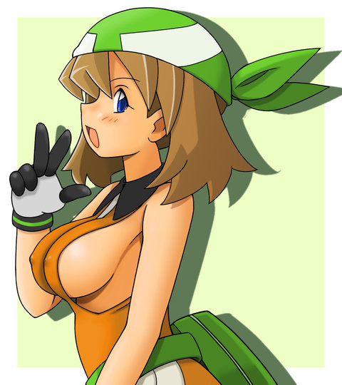 tsumitani daisuke, may (pokemon), may (pokemon emerald), nintendo, pokemon, pokemon rse, alternate breast size, 00s, 1girl, alternate costume, bandana, blue eyes, breasts, brown hair, covered erect nipples, female focus, gloves, green hat, hat, large breasts, open mouth, short hair, sideboob, solo, two-tone gloves