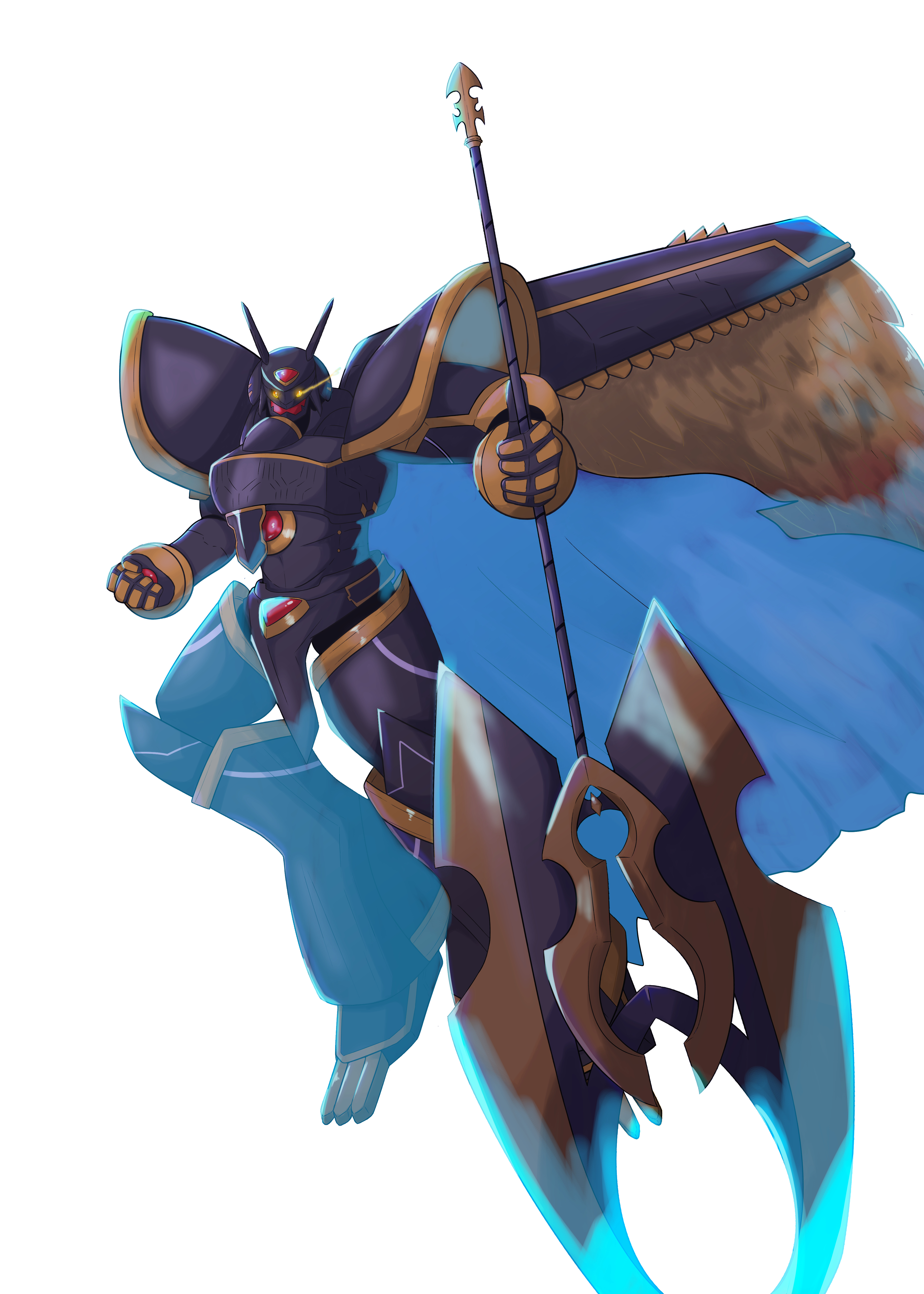 crawise28, alphamon, alphamon ouryuuken, digimon, absurdres, highres, armor, black armor, black helmet, digimon (creature), feathered wings, forehead jewel, full body, glowing, glowing eyes, helmet, knight, simple background, white background, wings, yellow eyes