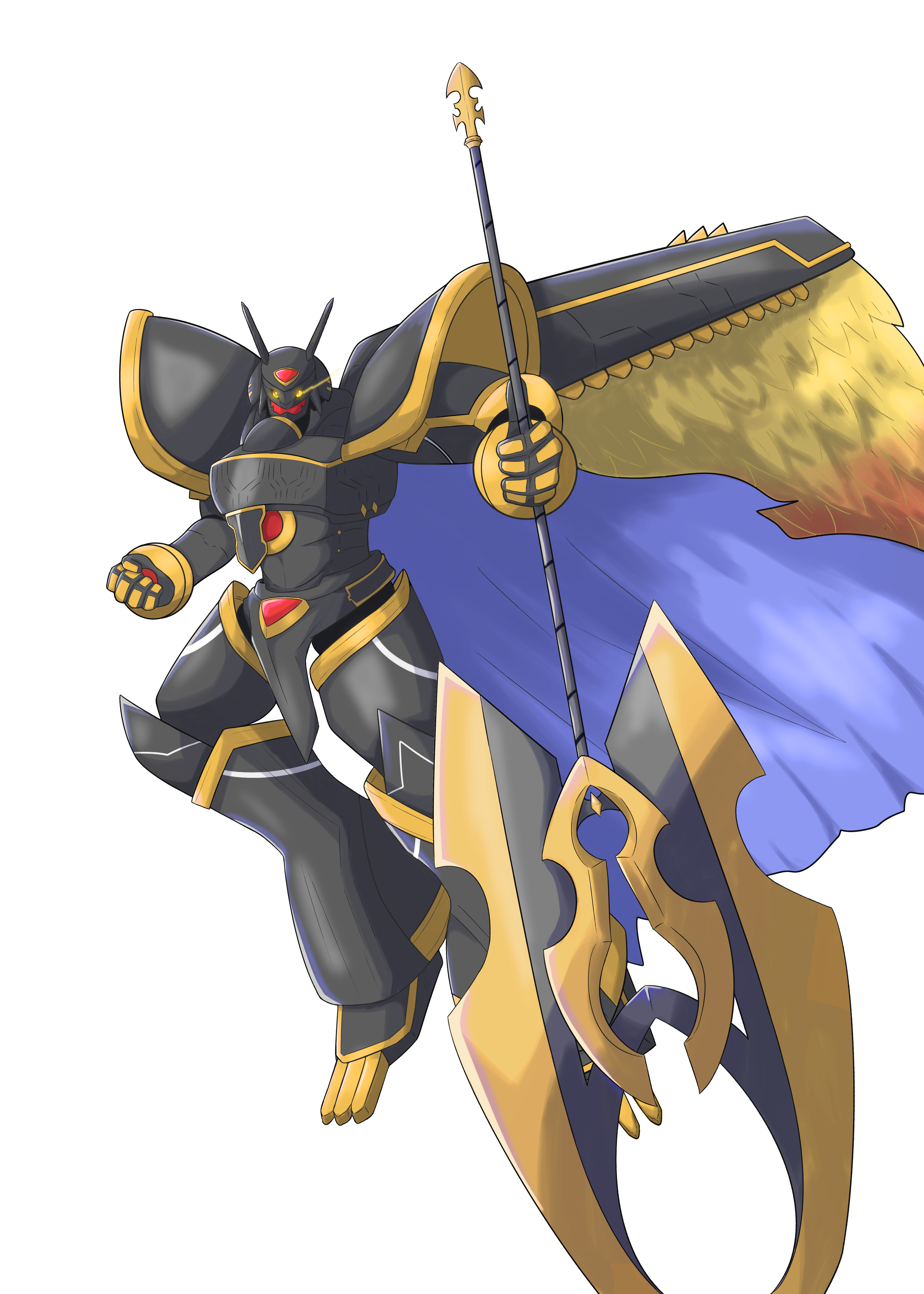 crawise28, alphamon, alphamon ouryuuken, digimon, absurdres, highres, armor, black armor, black helmet, digimon (creature), feathered wings, forehead jewel, full body, glowing, glowing eyes, helmet, knight, simple background, white background, wings, yellow eyes