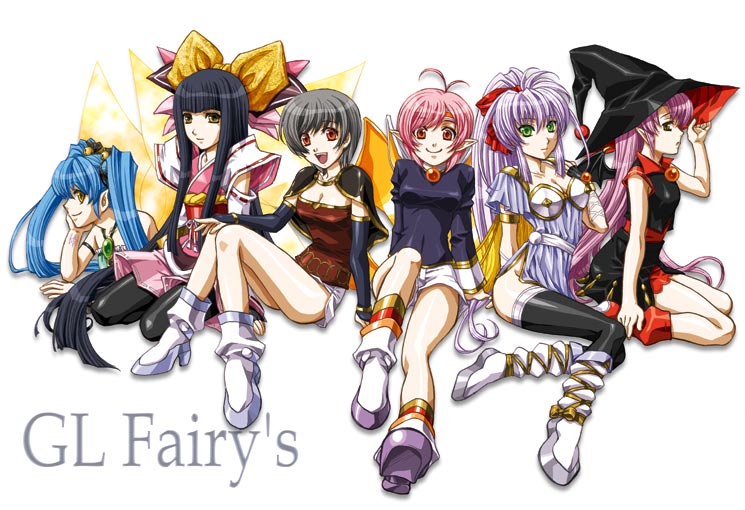 taka masahiro, d-lm, d-ln, d-tp, korin, raimy, tippi (growlanser), yurii (growlanser), growlanser, growlanser i, growlanser iii, growlanser iv, growlanser v, growlanser vi, light purple hair, 6+girls, antenna hair, armband, black hair, black thighhighs, blue hair, boots, bow, breasts, bridal gauntlets, brown eyes, cleavage, detached sleeves, dress, fairy, female focus, green eyes, grey hair, hair bow, hat, headband, high heels, lineup, long hair, lying, medium breasts, mini person, minigirl, multiple girls, no panties, on stomach, pantyhose, pink hair, pointy ears, ponytail, purple hair, red eyes, shoes, short hair, shorts, simple background, sitting, smile, thighhighs, twintails, very long hair, witch hat, yellow bow
