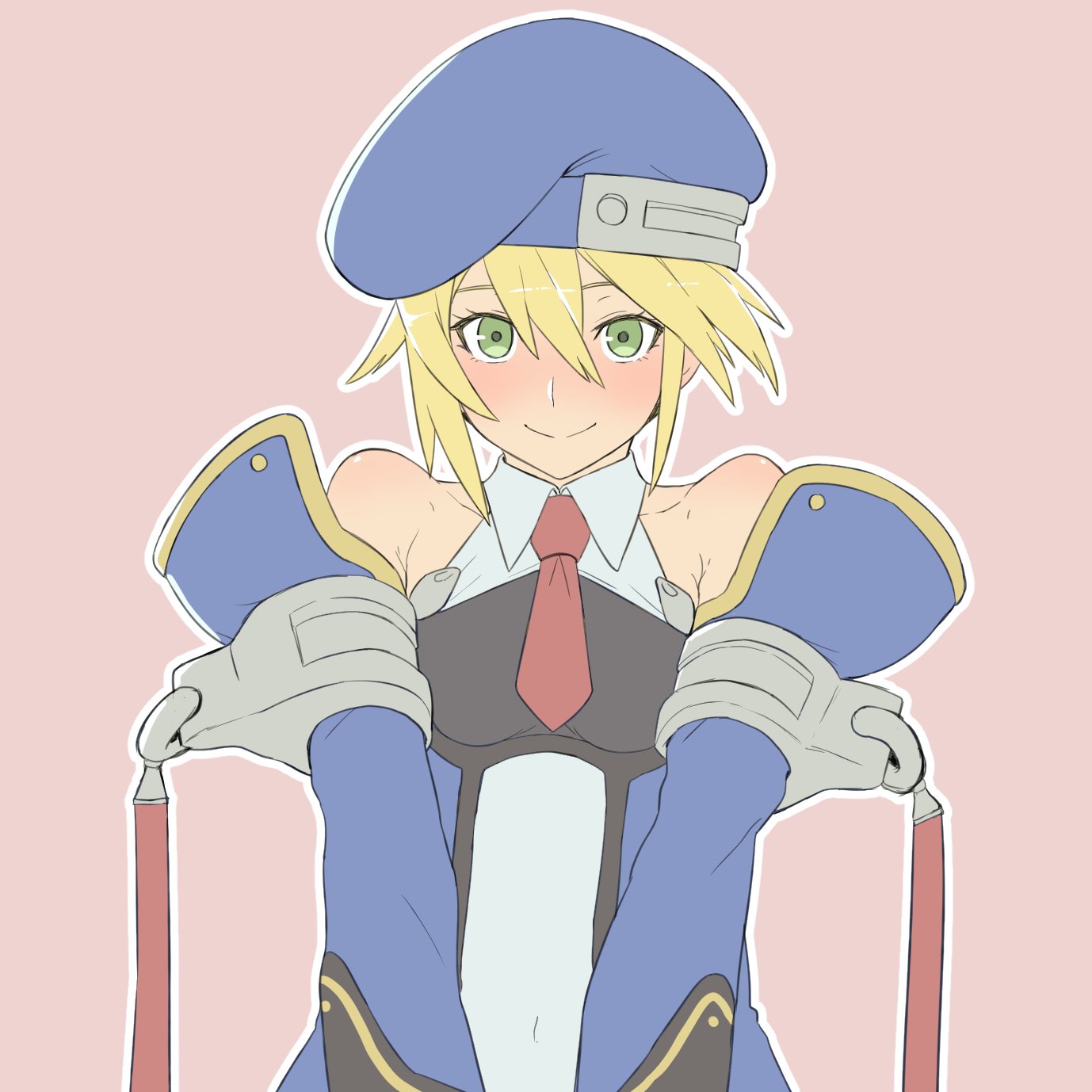 kp944113, noel vermillion, blazblue, highres, 1girl, bare shoulders, blonde hair, blue hat, blush, breasts, collarbone, green eyes, hat, pink background, simple background, small breasts, smile, solo, upper body