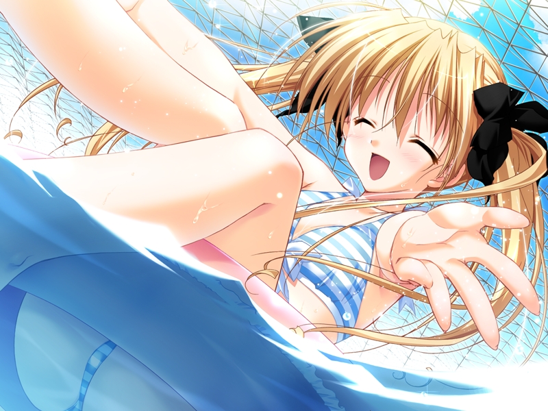 asaba yuu, odamaki hina, aster (game), game cg, non-web source, 1girl, bikini, blonde hair, closed eyes, day, dutch angle, female focus, happy state, innertube, long hair, solo, splashing, striped bikini, striped clothes, swim ring, swimsuit, twintails, water, wet