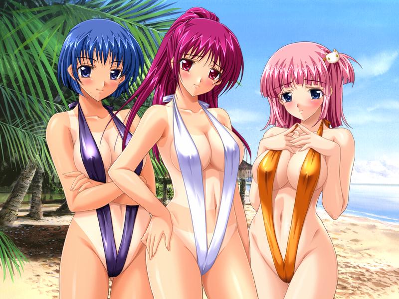 hikoukai, kurihama misaki, negishi hinako, urata an, shiofuki mermaid, game cg, jpeg artifacts, non-web source, 3girls, beach, bikini tan, blue eyes, blue hair, breasts, cloud, covered erect nipples, crossed arms, day, hand on own hip, hands on own chest, long hair, looking at viewer, medium breasts, multiple girls, ocean, one-piece tan, orange slingshot swimsuit, outdoors, palm tree, pink hair, purple hair, red eyes, shiny skin, shirt tan, short hair, slingshot swimsuit, swimsuit, tachi-e, tan, tanline, tree