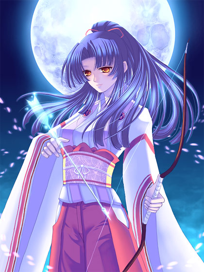 nago (lady centaur), nago, nago (growlanser), yayoi tachibana, growlanser, growlanser iii, 1girl, arrow (projectile), bow, bow (weapon), cowboy shot, energy weapon, female focus, floating hair, japanese clothes, kimono, long hair, long sleeves, looking at viewer, moon, moonlight, night, ponytail, red eyes, silhouette, sky, solo, standing, weapon, wind, yellow eyes