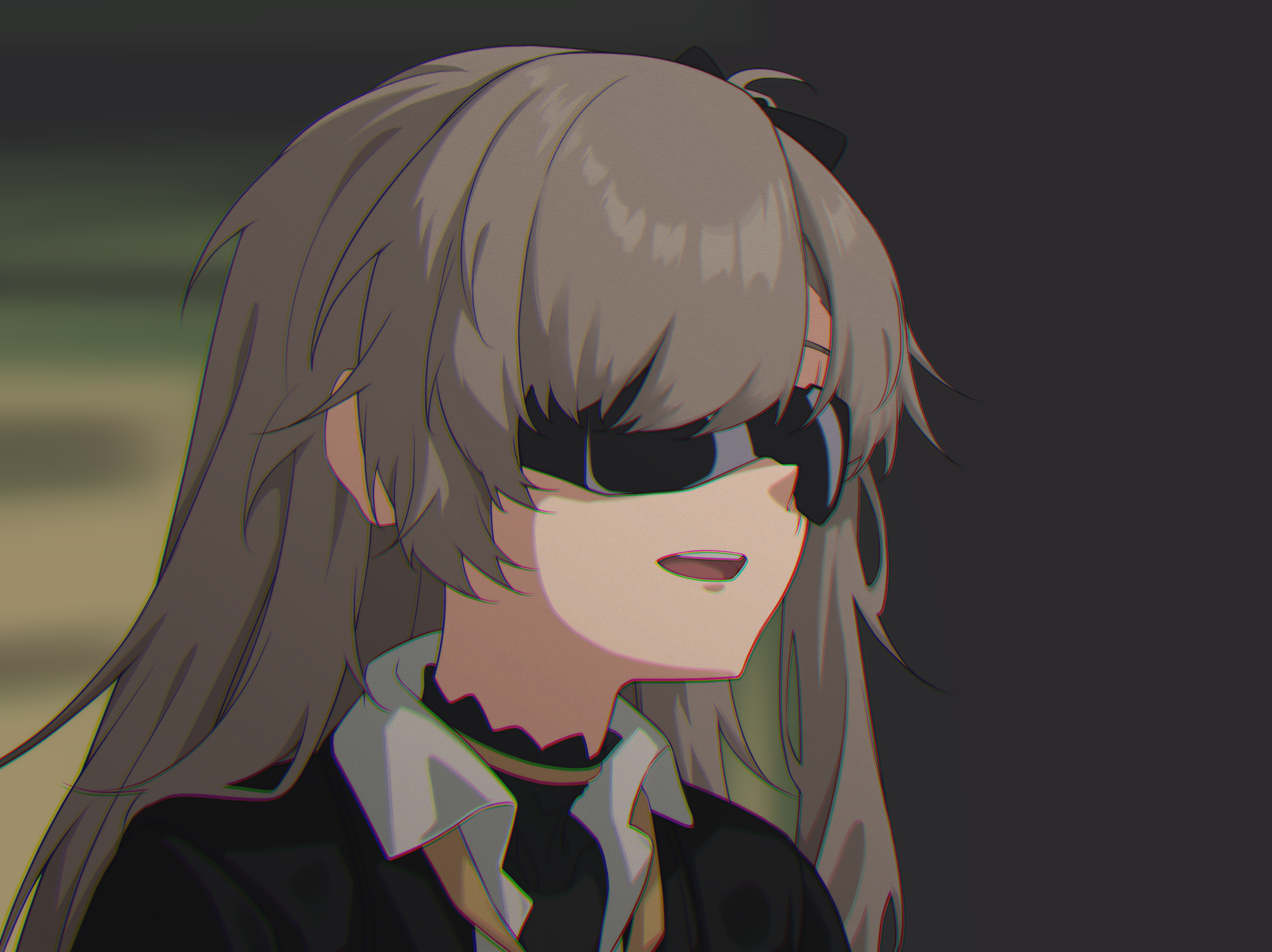 act (xadachit), leva (girls' frontline 2), ump45 (girls' frontline), girls' frontline, girls' frontline 2: exilium, gundam, zeta gundam, commentary, highres, textless version, 1girl, black jacket, blurry, blurry background, brown hair, collared shirt, i came here to laugh at you (meme), jacket, long hair, meme, open mouth, parody, scene reference, shirt, solo, sunglasses, white shirt
