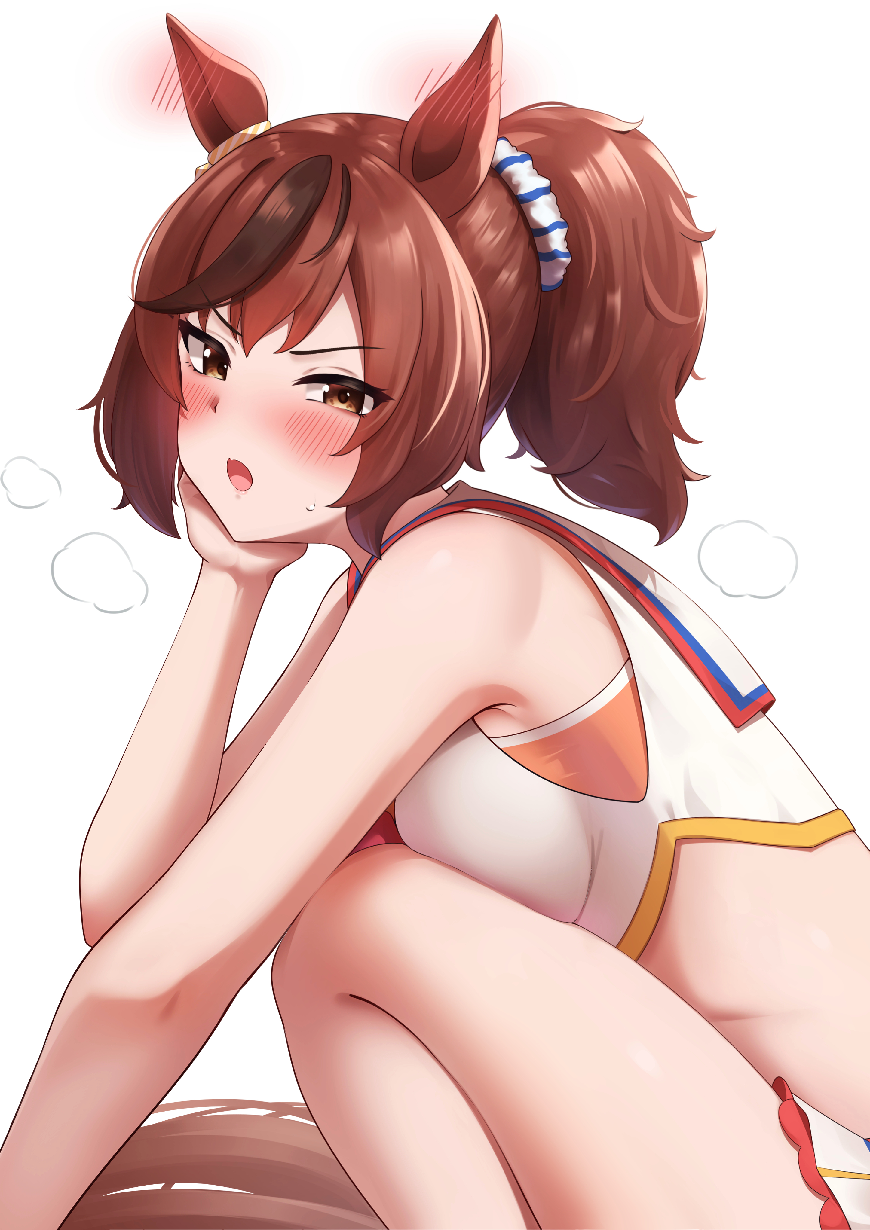 arugou, nice nature (run&win) (umamusume), nice nature (umamusume), umamusume, absurdres, commentary request, highres, 1girl, animal ears, black streaks, blush, breast press, breasts, brown eyes, brown hair, ear blush, from side, hair ornament, hair scrunchie, horse ears, horse girl, horse tail, looking at viewer, medium breasts, midriff, official alternate costume, official alternate hairstyle, open mouth, ponytail, scrunchie, shirt, simple background, skirt, sleeveless, sleeveless shirt, solo, sweat, tail, thighs, v-shaped eyebrows, white background, white shirt, white skirt