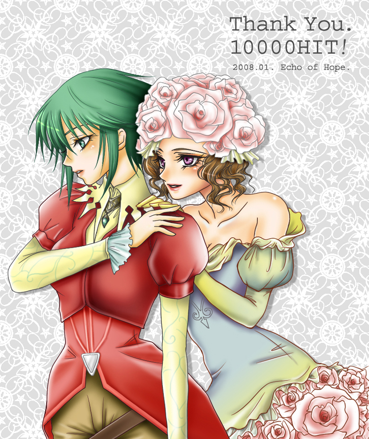 mayupiyo, asellus (saga frontier), princess white rose, saga, saga frontier, bad id, bad pixiv id, 2girls, elbow gloves, flower, gloves, green hair, multiple girls, rose, yuri