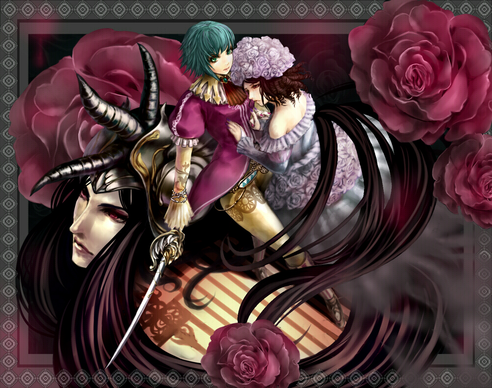 minoo, asellus (saga frontier), orlouge, princess white rose, saga, saga frontier, black legwear, bad id, bad pixiv id, 3girls, black hair, dress, flower, green hair, long hair, long sleeves, looking at viewer, looking back, multiple girls, plant, red dress, red flower, red rose, rose, short hair, standing, tattoo, thighhighs, thighs, very long hair