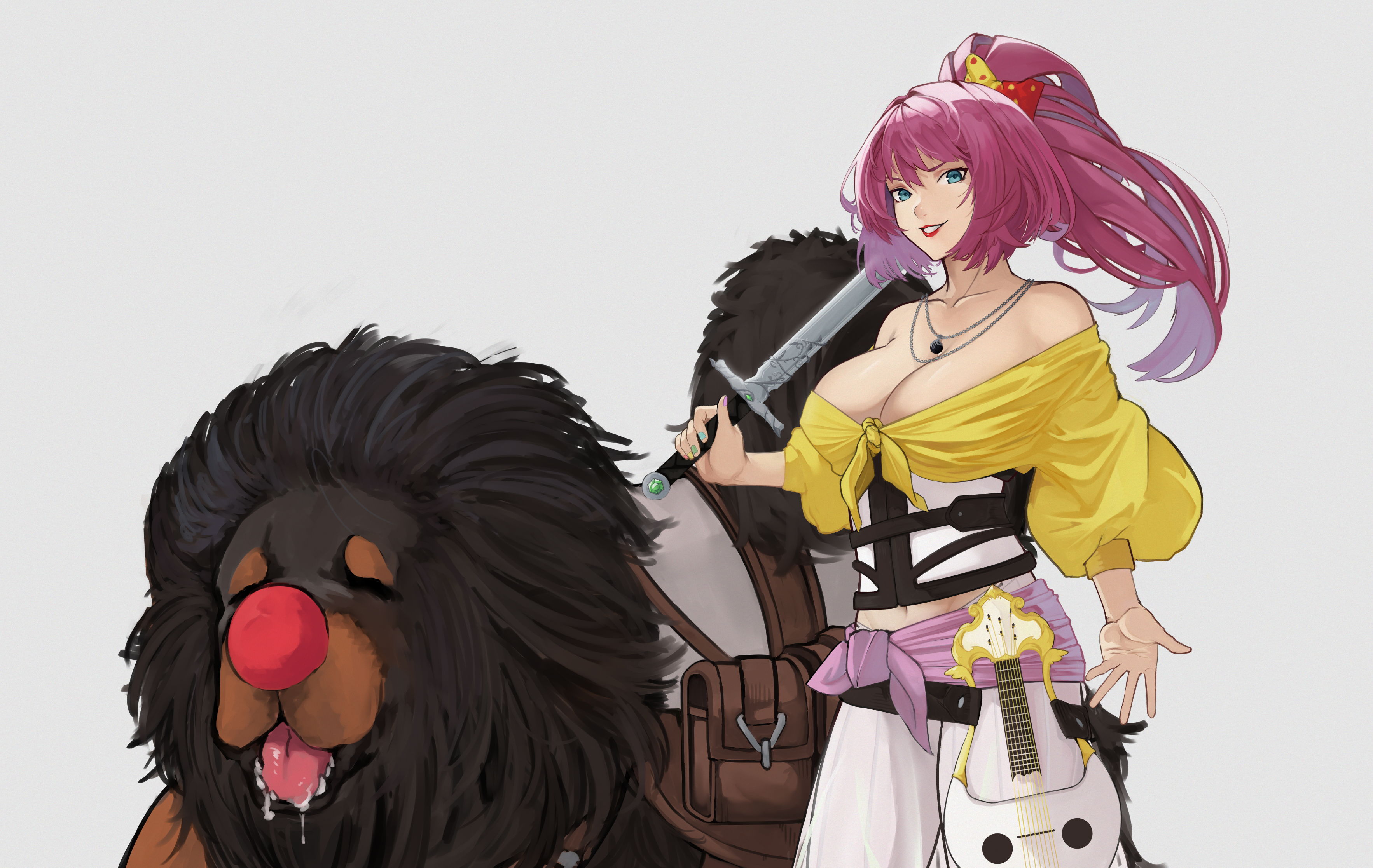 kobi420, dungeons & dragons, original, absurdres, commentary, commission, english commentary, highres, 1girl, bare shoulders, blue eyes, bow, breasts, brown bag, chain, chain necklace, cleavage, clothes around waist, collarbone, corset, cowboy shot, dog, hair bow, holding, holding sword, holding weapon, instrument, jewelry, large breasts, long hair, looking at viewer, lyre, midriff, navel, necklace, pants, parted lips, pink hair, polka dot, polka dot bow, ponytail, puffy sleeves, red bow, red lips, saliva, shirt, simple background, smile, solo, sword, two-tone bow, weapon, white background, white corset, white pants, yellow bow, yellow shirt