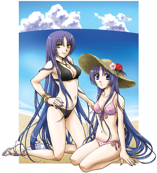 taka masahiro, arieta lyuis, growlanser, growlanser ii, white footwear, 2girls, beach, bikini, breasts, cleavage, day, hat, high heels, long hair, medium breasts, multiple girls, outdoors, purple eyes, purple hair, sandals, shoes, side-tie bikini bottom, swimsuit, very long hair, yellow eyes