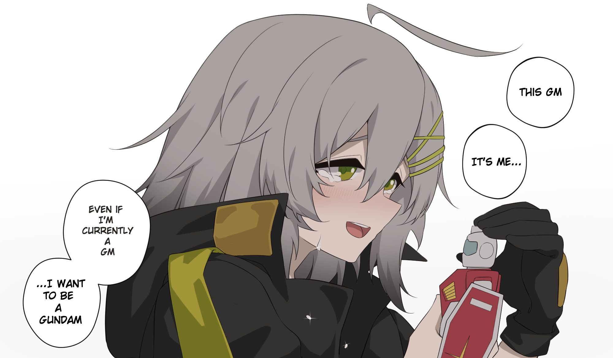 act (xadachit), croque (neural cloud), girls' frontline, girls' frontline neural cloud, gundam, character request, commentary, copyright request, highres, 1girl, ahoge, black jacket, blush, close-up, crying, crying with eyes open, dated commentary, english text, from side, green eyes, grey hair, hair between eyes, hair ornament, hairclip, hood, hooded jacket, jacket, medium hair, open mouth, parallel hairclips, portrait, sidelocks, simple background, solo, tears, teeth, upper teeth only, white background