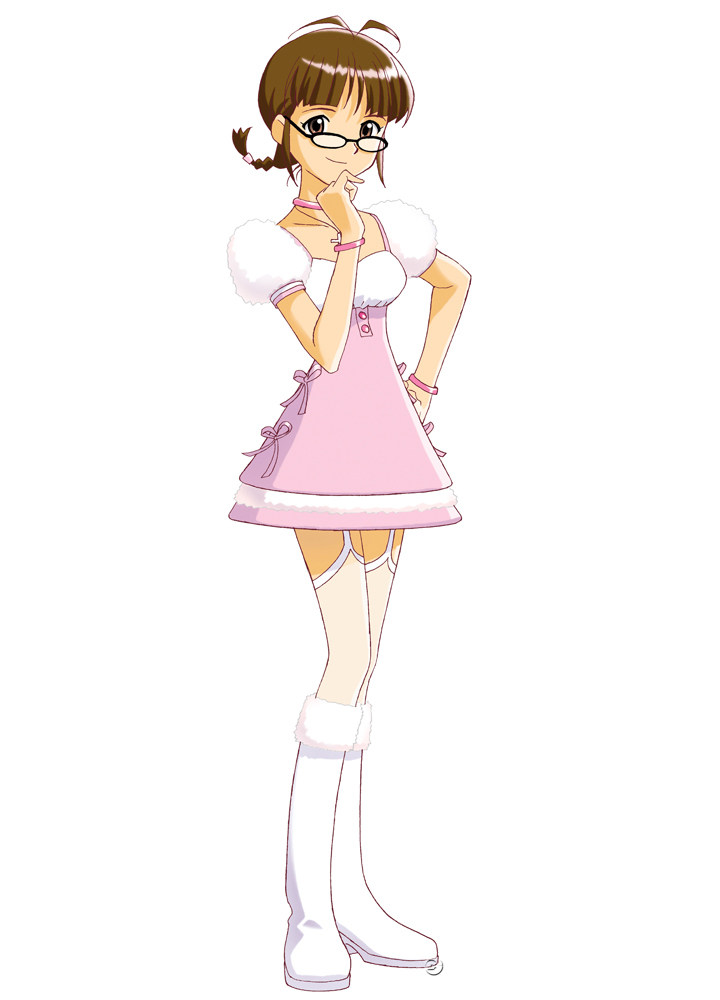 akizuki ritsuko, idolmaster, idolmaster (classic), idolmaster 1, non-web source, official art, 00s, boots, braid, brown eyes, brown hair, cute & girly (idolmaster), glasses, looking at viewer, short hair, simple background, solo, thighhighs, twin braids