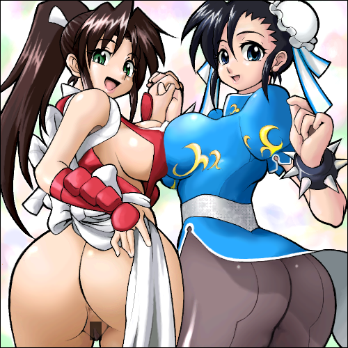 fjt (fjym2), chun-li, shiranui mai, capcom, fatal fury, snk, street fighter, the king of fighters, lowres, protected link, 2girls, anus, ass, black hair, blue eyes, breast press, breasts, brown hair, bun cover, censored, china dress, chinese clothes, crossover, curvy, double bun, dress, green eyes, hair bun, hip focus, holding hands, huge ass, large breasts, multiple girls, no panties, pantyhose, pelvic curtain, sideboob, symmetrical docking, wide hips