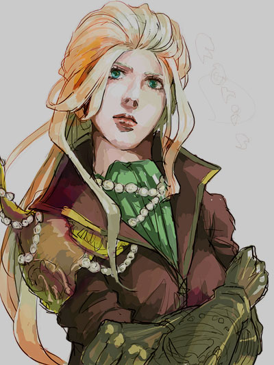 some (artist), faris scherwiz, final fantasy, final fantasy v, 1990s (style), 1girl, androgynous, brown gloves, coat, crossed arms, elbow gloves, female focus, gloves, green eyes, jewelry, lips, long hair, long sleeves, looking at viewer, necklace, pearl necklace, pirate, retro artstyle, reverse trap, solo, sweater, upper body, very long hair