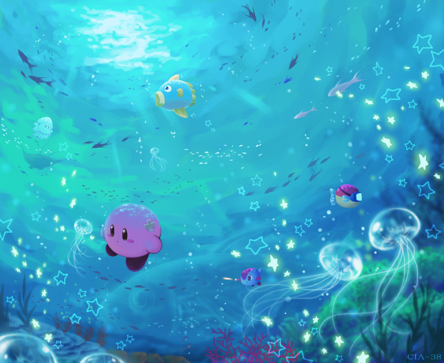 cia 38, kine (kirby), kirby, kirby (series), nintendo, bubble, coral, fish, jellyfish, no humans, scenery, seaweed, sparkle, star (symbol), underwater, water