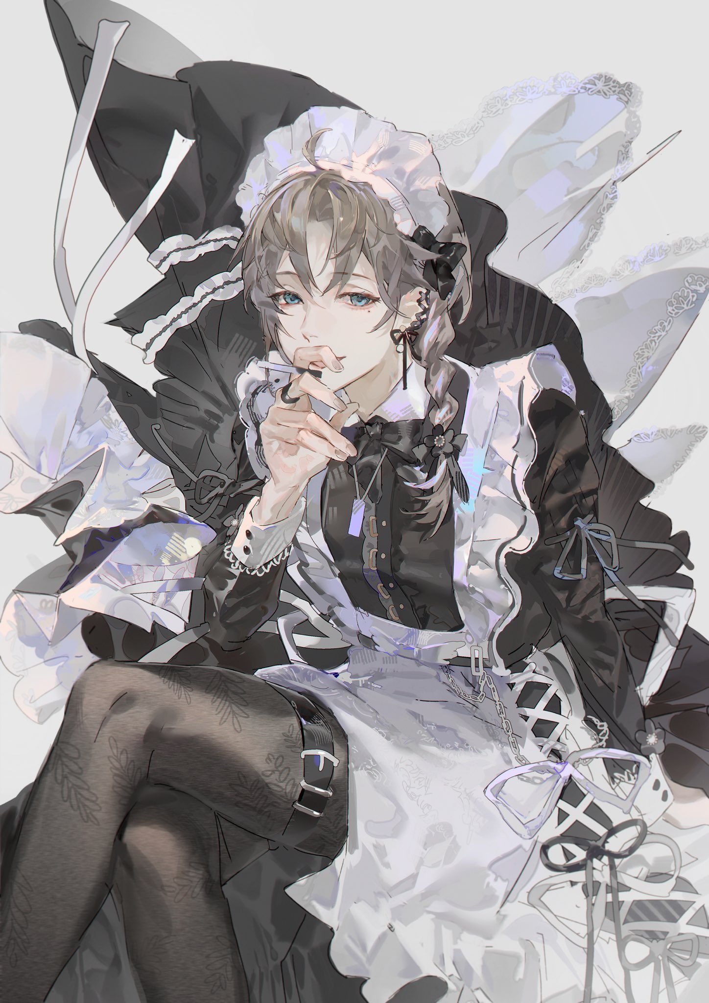 kanae (20th costume) (nijisanji), kanae (nijisanji), nijisanji, highres, 1boy, apron, black bow, black bowtie, black dress, black pantyhose, blue eyes, bow, bowtie, braid, brown hair, cigarette, crossdressing, crossdressing (mtf), crossed legs, dress, ear piercing, holding, holding cigarette, inkefky0505, jewelry, long dress, long hair, long sleeves, looking at viewer, maid, maid apron, maid headdress, male focus, male maid, mole, mole under eye, necklace, pantyhose, piercing, print pantyhose, ring, single braid, sitting, sleeve cuffs, smile, solo, thigh strap, trap, virtual youtuber, white apron, white headdress