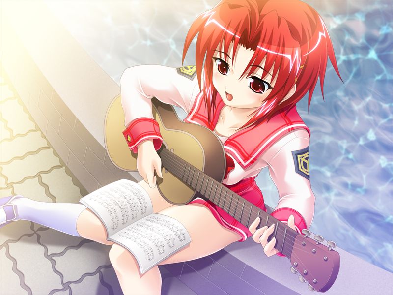 asahi (fullmetal madness), yuki saki, harem x scratch, game cg, jpeg artifacts, non-web source, 1girl, acoustic guitar, female focus, guitar, instrument, kneehighs, orange hair, red eyes, school uniform, serafuku, sheet music, short hair, sitting, socks, solo