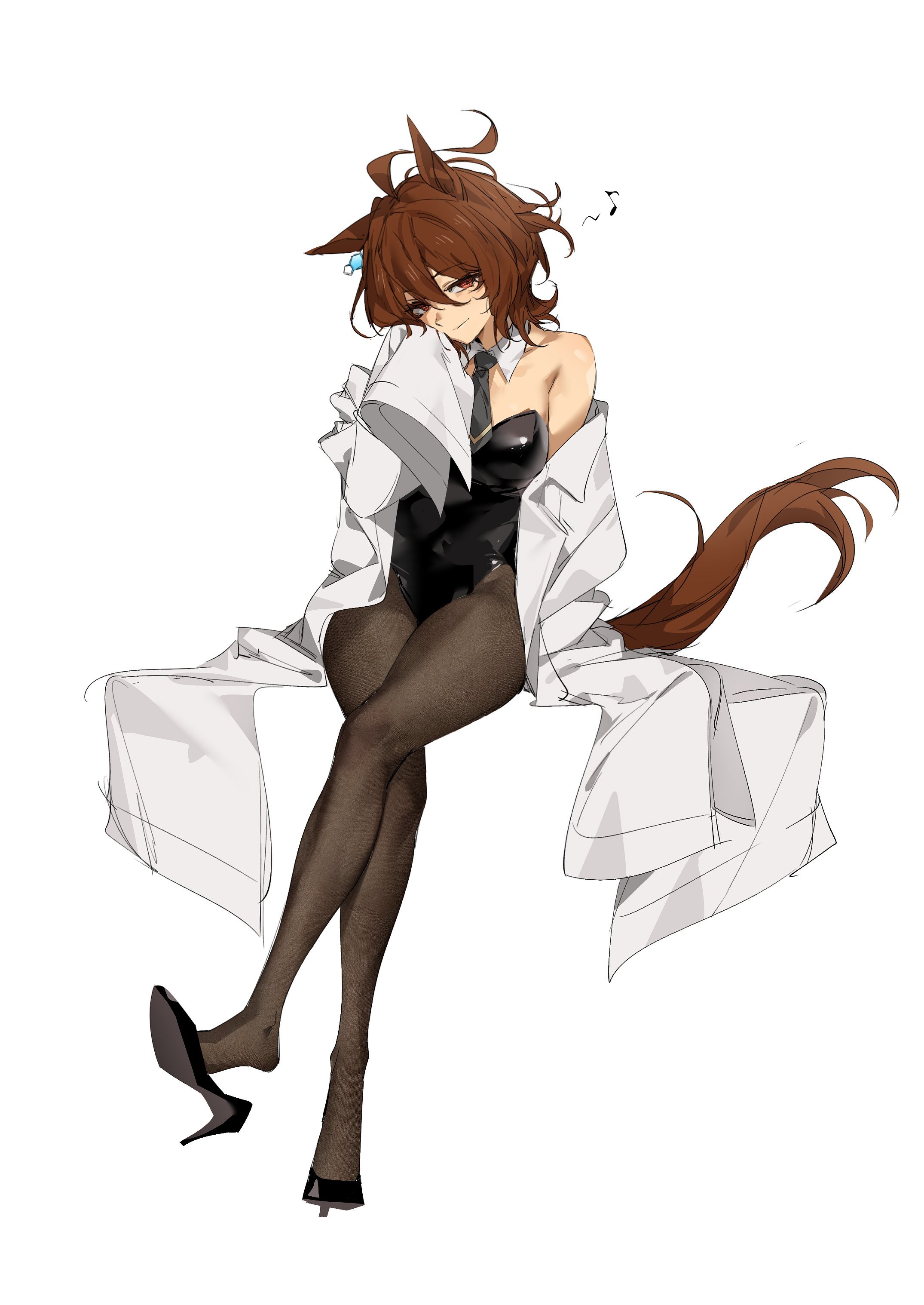 agnes tachyon (umamusume), umamusume, absurdres, commentary request, highres, korean commentary, 1girl, ahoge, alternate costume, animal ears, black leotard, black necktie, black pantyhose, black shoes, breadrye, breasts, brown hair, closed mouth, coat, detached collar, earrings, full body, high heels, horse ears, horse girl, horse tail, invisible chair, jewelry, lab coat, leotard, long sleeves, looking at viewer, necktie, open clothes, open coat, pantyhose, shoe dangle, shoes, short necktie, simple background, single earring, single off shoulder, sitting, smile, solo, strapless, strapless leotard, tail, white background, white coat, wide sleeves