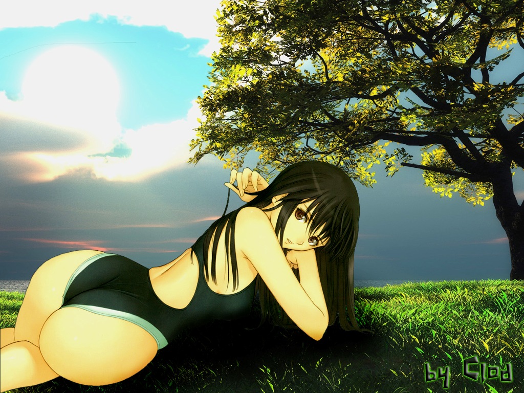 tony taka, misaki shizuno, zegapain, non-web source, 00s, 1girl, ass, black hair, brown eyes, competition swimsuit, day, female focus, grass, huge ass, long hair, lying, one-piece swimsuit, sky, solo, sun, swimsuit, tree, watermark