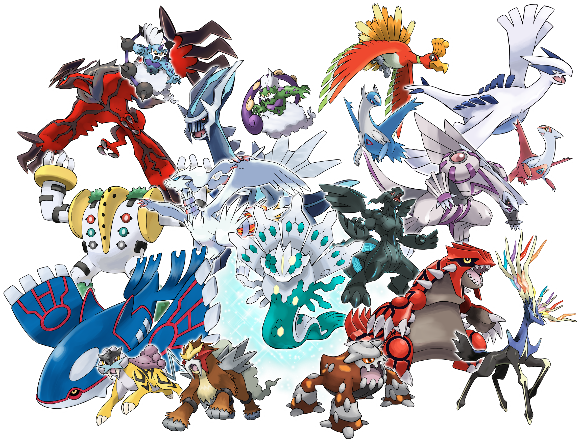 ariga hitoshi, dialga, entei, groudon, heatran, ho-oh, kyogre, latias, latios, lugia, palkia, raikou, regigigas, reshiram, reshiram (overdrive), thundurus, thundurus (incarnate), tornadus, tornadus (incarnate), xerneas, yveltal, zekrom, zekrom (overdrive), zygarde, nintendo, pokemon, highres, official art, third-party source, alternate color, antlers, arms up, bird, black sclera, blue eyes, blue sclera, claws, closed mouth, colored sclera, dragon, fangs, flying, gen 2 pokemon, gen 3 pokemon, gen 4 pokemon, gen 5 pokemon, gen 6 pokemon, horns, legendary pokemon, no humans, open mouth, outline, pokemon (creature), pokemon focus, red eyes, red sclera, sharp teeth, shiny pokemon, sparkle, tail, talons, teeth, transparent background, white eyes, white outline, wings, yellow eyes, zygarde (50)