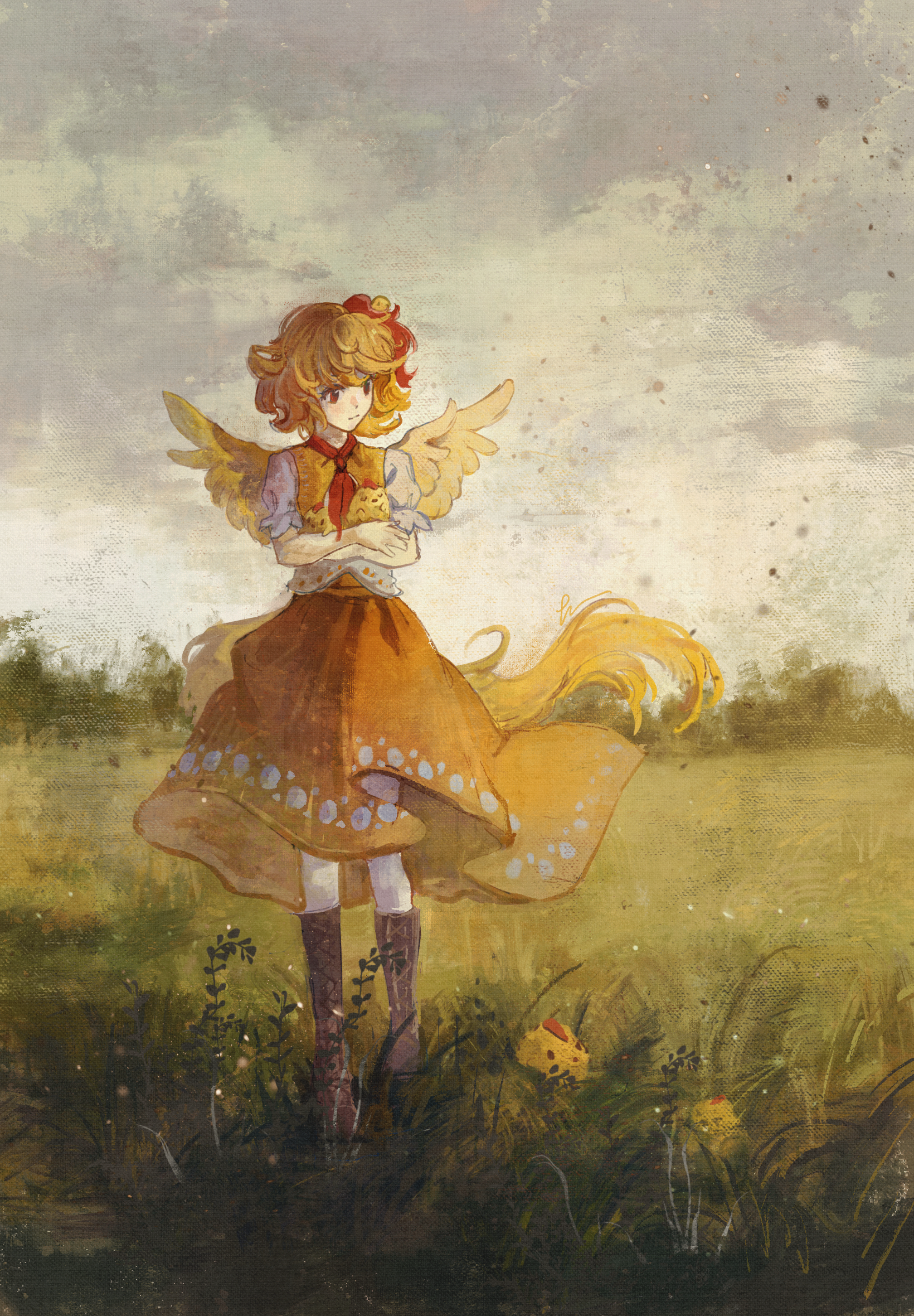 ge dazuo, niwatari kutaka, touhou, chinese commentary, commentary request, highres, 1girl, animal, animal hug, animal on head, ascot, baby animal, bird, bird on head, bird wings, blonde hair, boots, brown boots, chick, chicken girl, closed mouth, cloud, cloudy sky, feathered wings, field, holding, holding animal, knee boots, lace-up boots, medium hair, multicolored hair, on head, outdoors, red ascot, red eyes, red hair, rooster tail, shirt, short sleeves, skirt, sky, smile, two-tone hair, vest, wavy hair, white shirt, wings, yellow skirt, yellow vest, yellow wings