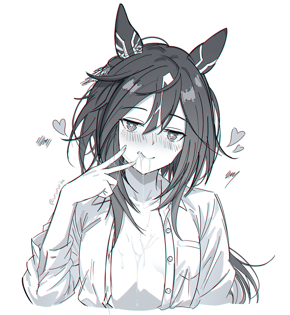 stay gold (umamusume), umamusume, commentary request, 1girl, :q, animal ears, blush, breasts, ear covers, hair between eyes, heart, heart-shaped pupils, horse ears, horse girl, long hair, long sleeves, looking at viewer, open clothes, open shirt, saliva, small breasts, solo, suggestive fluid, symbol-shaped pupils, tongue, tongue out, twitter username, upper body, urururike