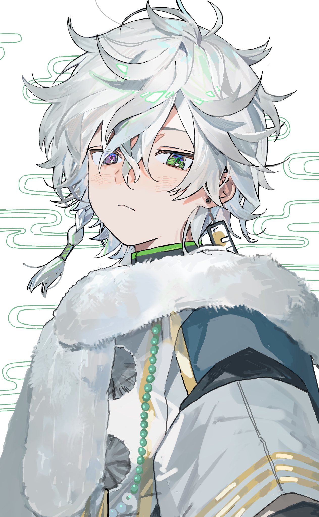 murakumo kagetsu, nijisanji, highres, 1boy, braid, closed mouth, earrings, green eyes, hair between eyes, heterochromia, japanese clothes, jewelry, looking at viewer, male focus, purple eyes, scarf, short hair, side braid, simple background, sleep nenemu, solo, upper body, virtual youtuber, white background, white hair, white scarf