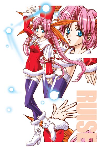 taka masahiro, louise fallsmyer, growlanser, growlanser i, 1girl, :o, ankle boots, blue eyes, blush, boots, breasts, cape, fur trim, long sleeves, looking at viewer, parted bangs, parted lips, pink hair, santa costume, standing, tareme, thighhighs, zettai ryouiki