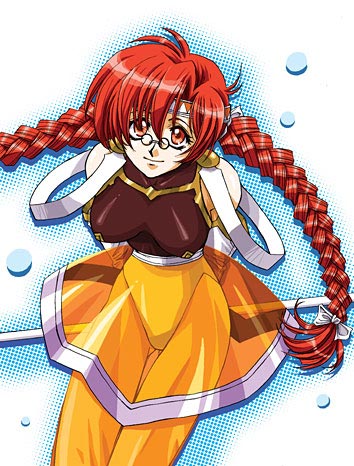 taka masahiro, misha (growlanser), growlanser, growlanser i, lowres, 1girl, female focus, orange skirt, red hair, see-through clothes, skirt, solo