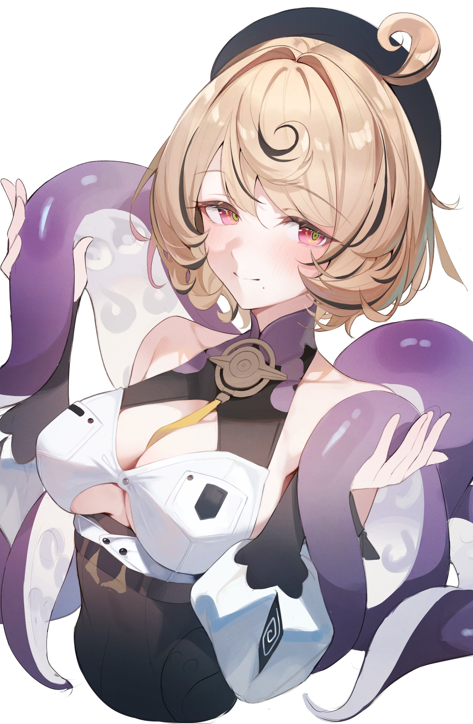 lumo 1121, yidhari (zenless zone zero), zenless zone zero, absurdres, highres, 1girl, accessories, bare shoulders, blonde hair, blush, breasts, cleavage, closed mouth, detached sleeves, hat, high-waist shorts, looking to the side, mole, mole under mouth, monster girl, octopus, purple eyes, scylla, short hair, shorts, solo, tentacle girl, tentacle tail, tentacles, yellow pupils