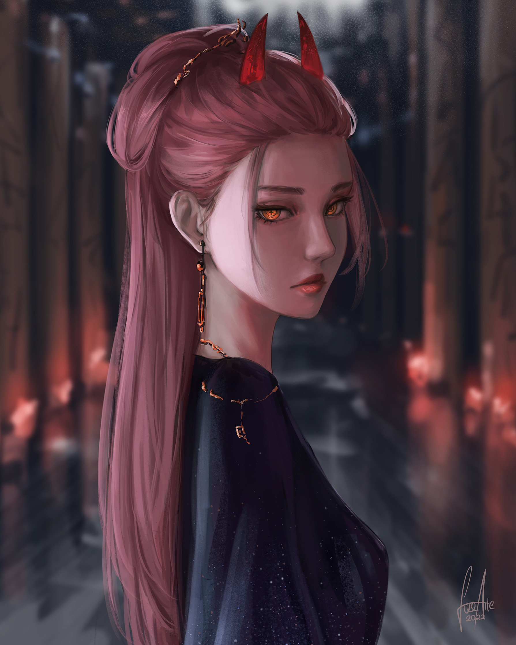 luxearte, power (chainsaw man), chainsaw man, commentary, english commentary, highres, 1girl, alternate costume, alternate hairstyle, black dress, blurry, blurry background, closed mouth, cross-shaped pupils, dated, demon horns, dress, earrings, folded hair, from side, horns, jewelry, lips, long hair, looking at viewer, necklace, pink hair, red horns, signature, solo, symbol-shaped pupils, upper body