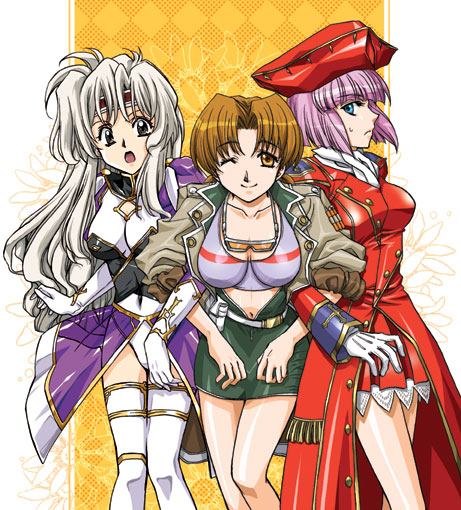 taka masahiro, diana silverneil, dianna silvernale, julia (growlanser), julia douglas, maggy, maggy (growlanser), silvernale, growlanser, growlanser i, growlanser iv, 3girls, :o, antenna hair, beret, blunt bangs, bodysuit, breasts, cowboy shot, dress, hat, large breasts, leotard, long hair, looking at viewer, multiple girls, open mouth, parted bangs, pencil skirt, pink hair, red dress, skirt, standing, thighhighs, thighs, very long hair, zettai ryouiki