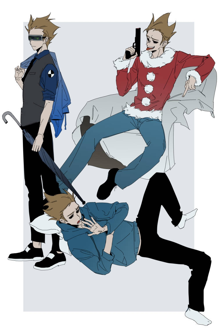 tom (eddsworld), eddsworld, chinese commentary, commentary request, 2boys, :d, armchair, black necktie, black pants, black shoes, blue hoodie, blue pants, blue shirt, blue umbrella, border, brown hair, chair, closed mouth, closed umbrella, collared shirt, denim, drawstring, dual persona, elbow rest, fingernails, full body, fur-trimmed sleeves, fur-trimmed sweater, fur trim, future tom (eddsworld), grey vest, gun, hair slicked back, handgun, head-mounted display, holding, holding gun, holding umbrella, holding unworn clothes, holding weapon, hollow eyes, hood, hood down, hoodie, jeans, knee up, long sleeves, looking at hand, lower teeth only, male focus, middle finger, multiple boys, necktie, no shoes, official alternate costume, on chair, open mouth, outside border, pants, puffy long sleeves, puffy sleeves, red sweater, shirt, shoes, short hair, short sleeves, sitting, smile, socks, standing, sweater, teeth, tongue, tongue out, umbrella, very short hair, vest, weapon, white border, white socks, xic94
