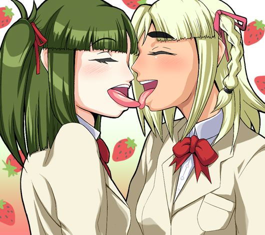 ui (fuugetsuin), hishimiya tsugaru, xiatian (beatmania), beatmania iidx, bemani, bad id, bad pixiv id, 2girls, blush, closed eyes, multiple girls, school uniform, serafuku, tongue, yuri