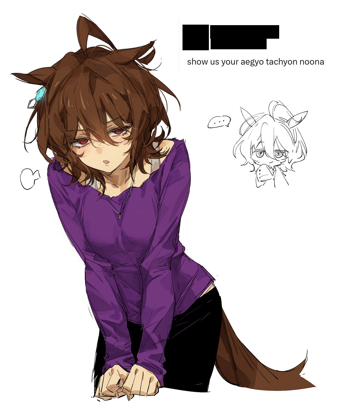 agnes tachyon (umamusume), umamusume, commentary request, highres, korean commentary, …, 1girl, ahoge, animal ears, black pants, blush, breadrye, brown hair, casual, cropped legs, earrings, embarrassed, english text, horse ears, horse girl, horse tail, jewelry, looking at viewer, necklace, open mouth, pants, purple sweater, red eyes, short hair, simple background, single earring, speech bubble, spoken ellipsis, sweater, tail, white background