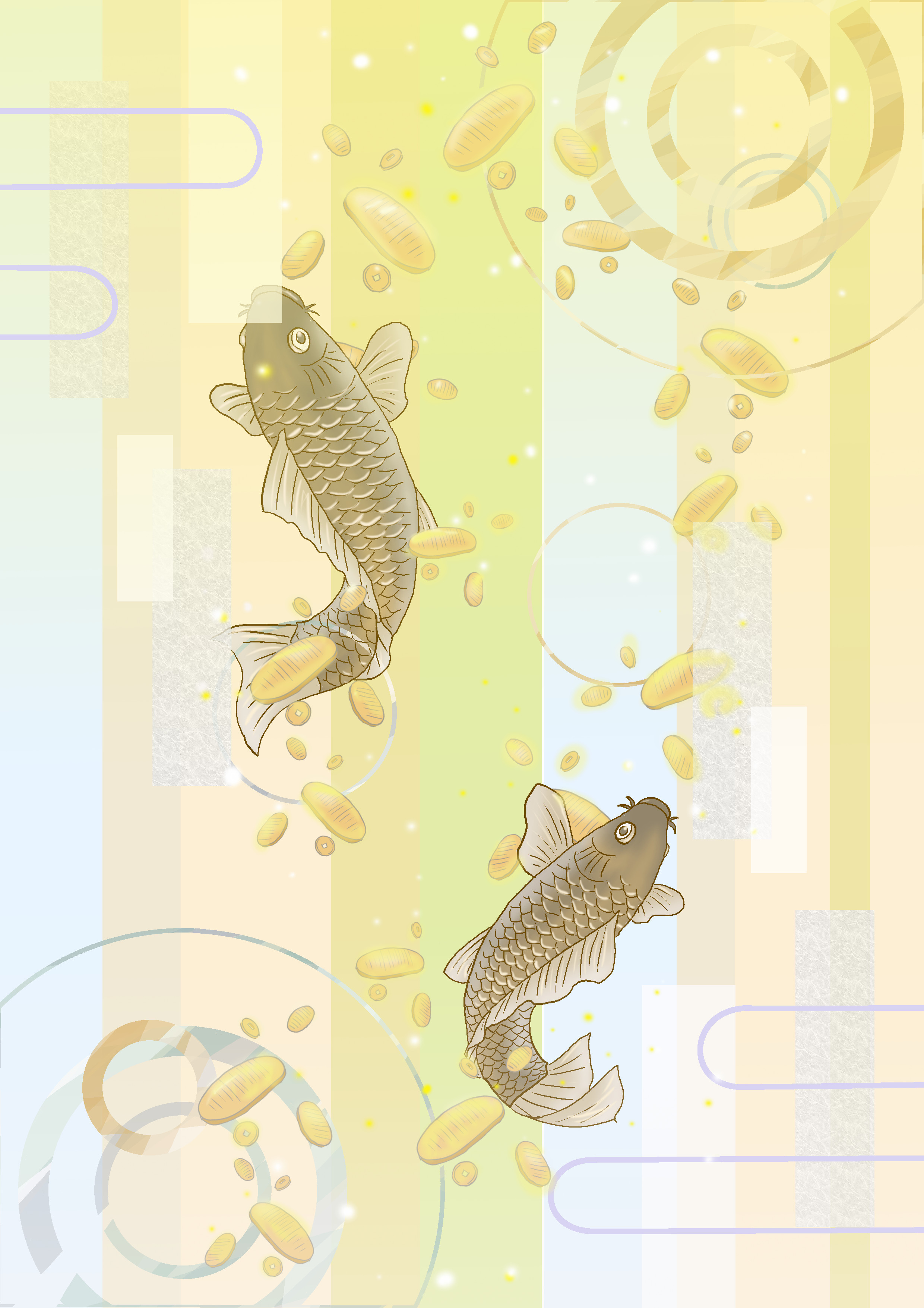 belusyuta, original, absurdres, highres, abstract background, air bubble, animal focus, bubble, fish, full body, gradient background, koi, no humans, swimming