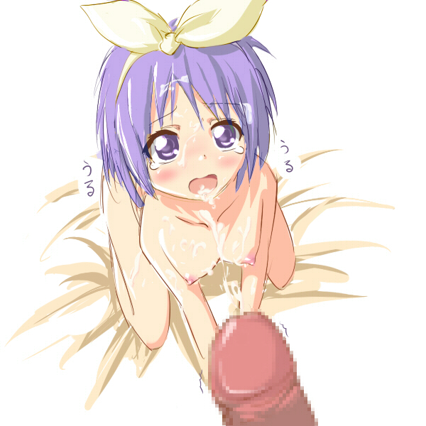 sudachi, hiiragi tsukasa, lucky star, bad id, bad pixiv id, 00s, 1girl, breasts, censored, cum, cum on body, cum on breasts, cum on hair, cum on upper body, facial, medium breasts, nipples, nude, penis, purple eyes, purple hair, ribbon, solo focus, tears