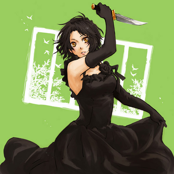 isshoku, isshoku (shiki), chane laforet, baccano!, bad id, bad pixiv id, 00s, 1girl, armpits, black flower, black hair, black rose, dress, elbow gloves, female focus, flower, gloves, knife, rose, solo, yellow eyes