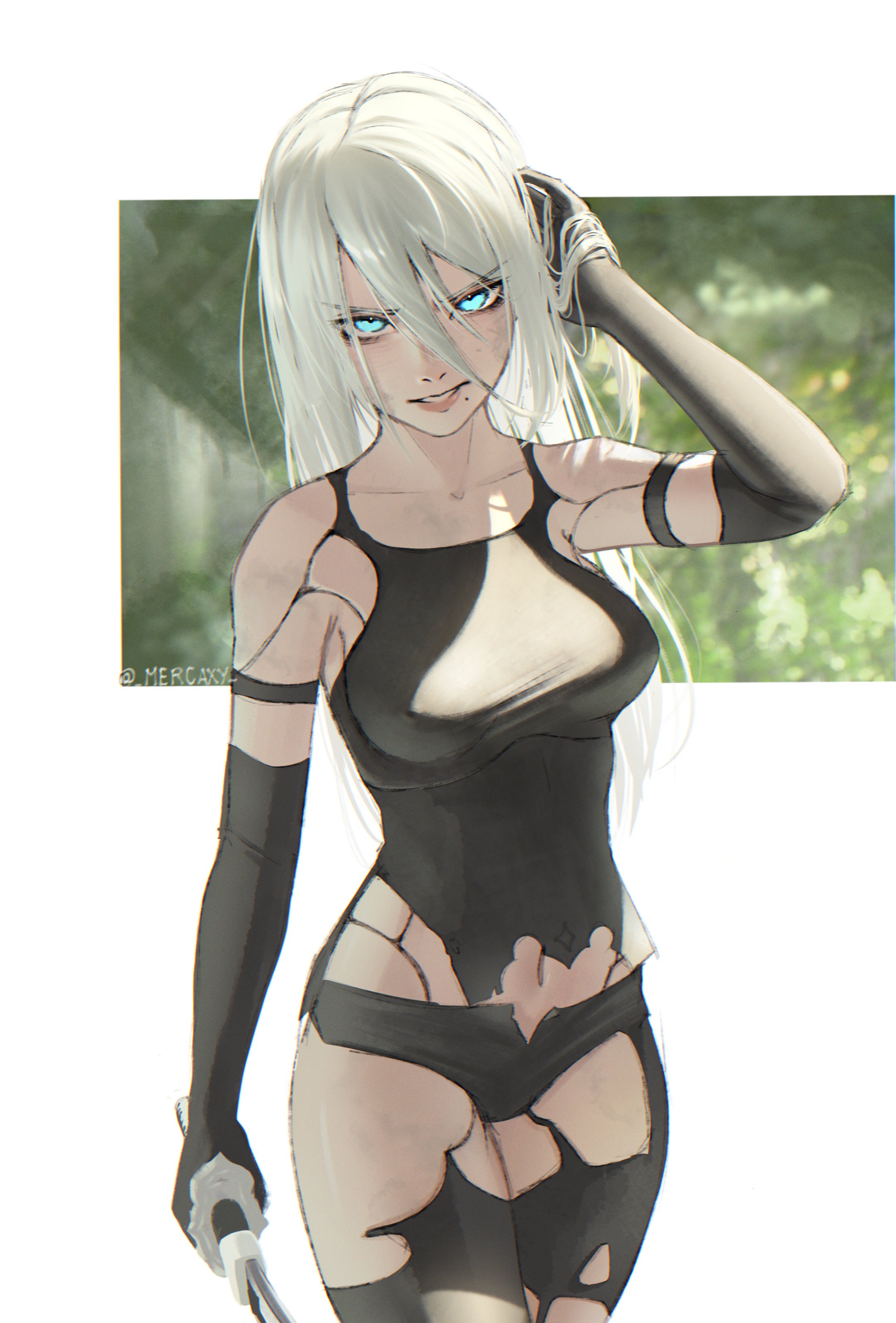mercaxy, a2 (nier:automata), yorha, nier:automata, nier (series), absurdres, highres, 1girl, android, artist name, bare shoulders, black gloves, blue eyes, breasts, elbow gloves, gloves, joints, large breasts, long hair, looking at viewer, mole, mole under mouth, navel, no blindfold, robot joints, shorts, sword, thighhighs, torn clothes, type-4o sword, weapon, white hair