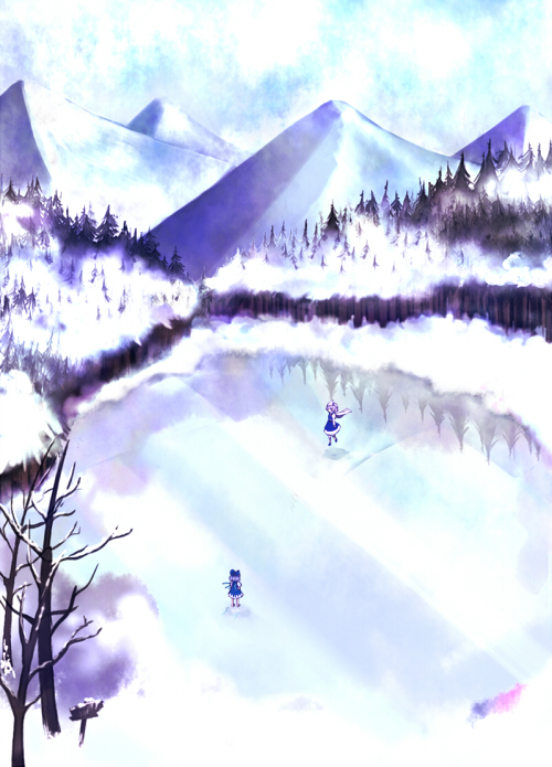 mame usagi, cirno, letty whiterock, perfect cherry blossom, touhou, bad id, bad pixiv id, 2girls, female focus, frozen, ice, lake, landscape, multiple girls, reflection, scenery, snow, tree, winter