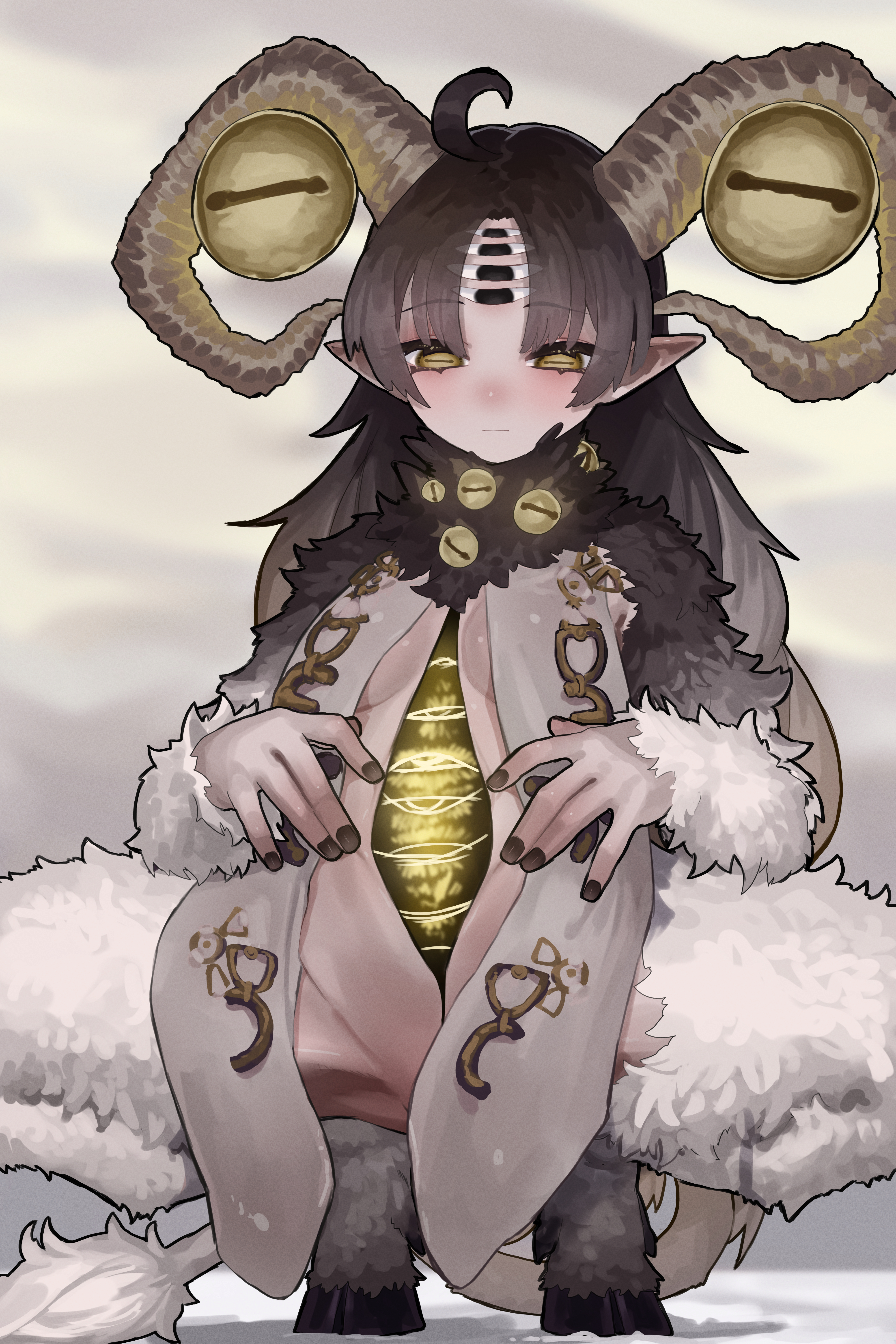 ekrea jan, libra (elden ring), elden ring, elden ring nightreign, absurdres, commentary request, highres, 1girl, ahoge, animal feet, animal legs, black hair, black nails, breasts, closed mouth, demon girl, demon horns, extra eyes, hooves, horizontal pupils, horns, long hair, pointy ears, small breasts, solo, spread legs, squatting, yellow eyes