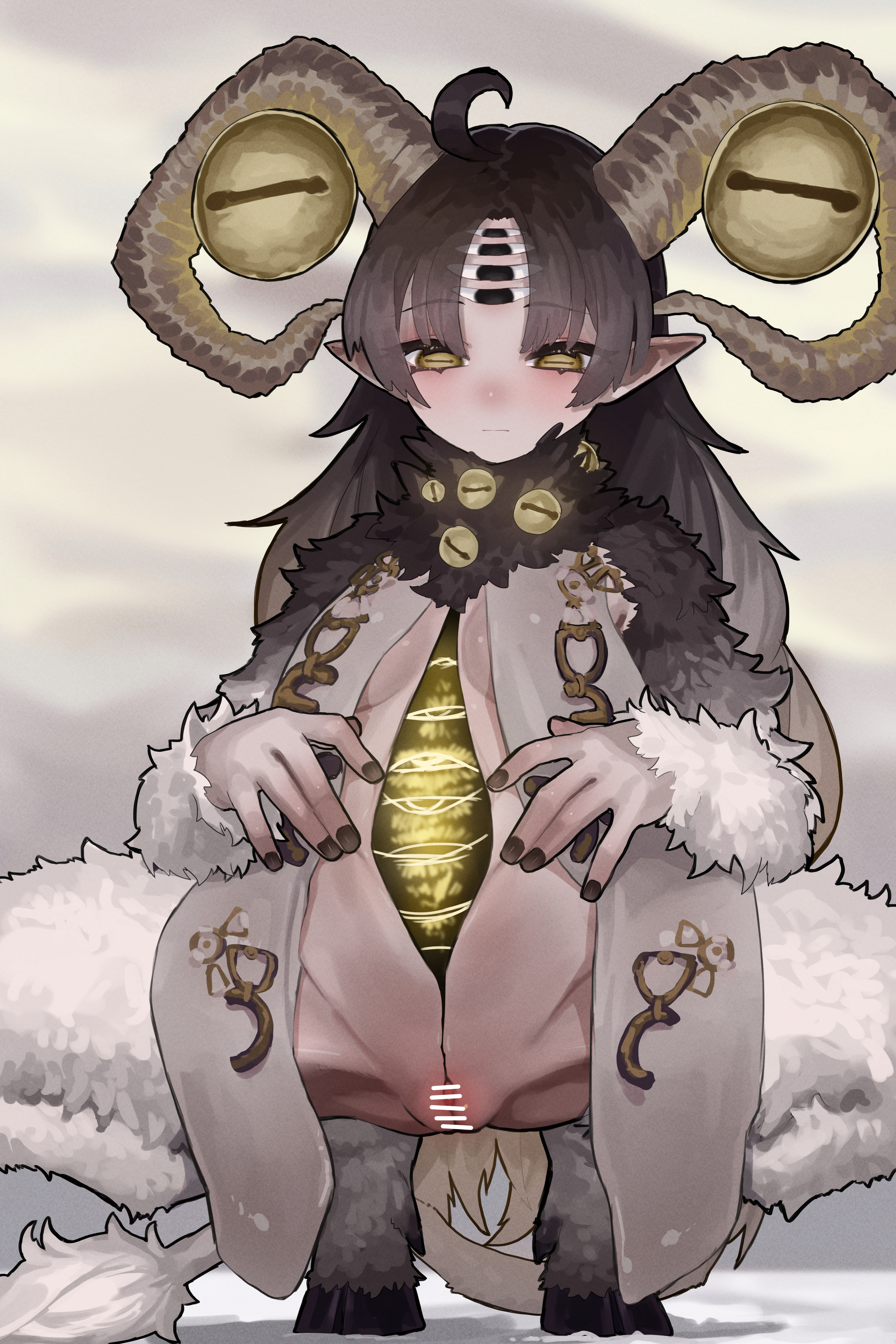ekrea jan, libra (elden ring), elden ring, elden ring nightreign, absurdres, commentary request, highres, 1girl, ahoge, animal feet, animal legs, bar censor, black hair, black nails, breasts, censored, closed mouth, demon girl, demon horns, extra eyes, hooves, horizontal pupils, horns, long hair, pointy ears, pussy, small breasts, solo, spread legs, squatting, yellow eyes