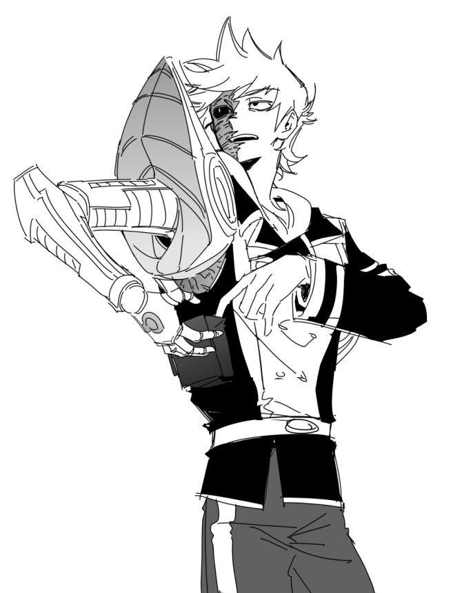 eddsworld, chinese commentary, commentary request, 1boy, antenna hair, belt, buttons, colored sclera, cowboy shot, double-breasted, from below, frown, future tord (eddsworld), greyscale, hood, hood down, jacket, long sleeves, looking to the side, looking up, male focus, mechanical arms, mismatched sclera, monochrome, open mouth, pants, scar, scar on face, short hair, simple background, single mechanical arm, single vertical stripe, solo, standing, swept bangs, teeth, tord (eddsworld), upper teeth only, very short hair, white background, xic94