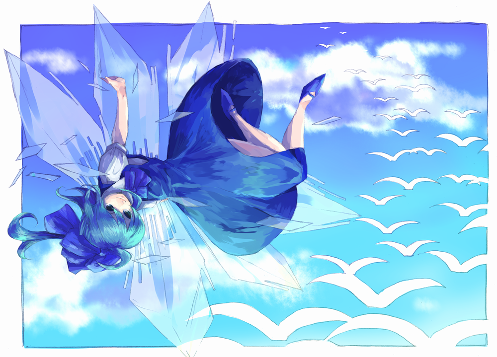 fuji warabi, cirno, touhou, bad id, bad pixiv id, 1girl, blue hair, dress, female focus, flying, gradient background, outdoors, ribbon, sky, solo, wings