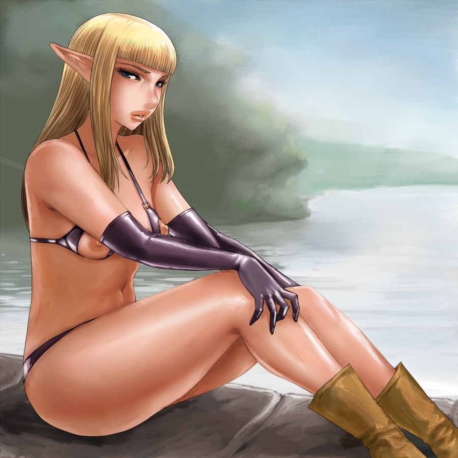 matoyama, original, 1girl, bikini, blonde hair, blue eyes, blunt bangs, boots, breasts, elbow gloves, elf, female focus, gloves, lips, long hair, nippleless clothes, nipples, pointy ears, sitting, solo, swimsuit