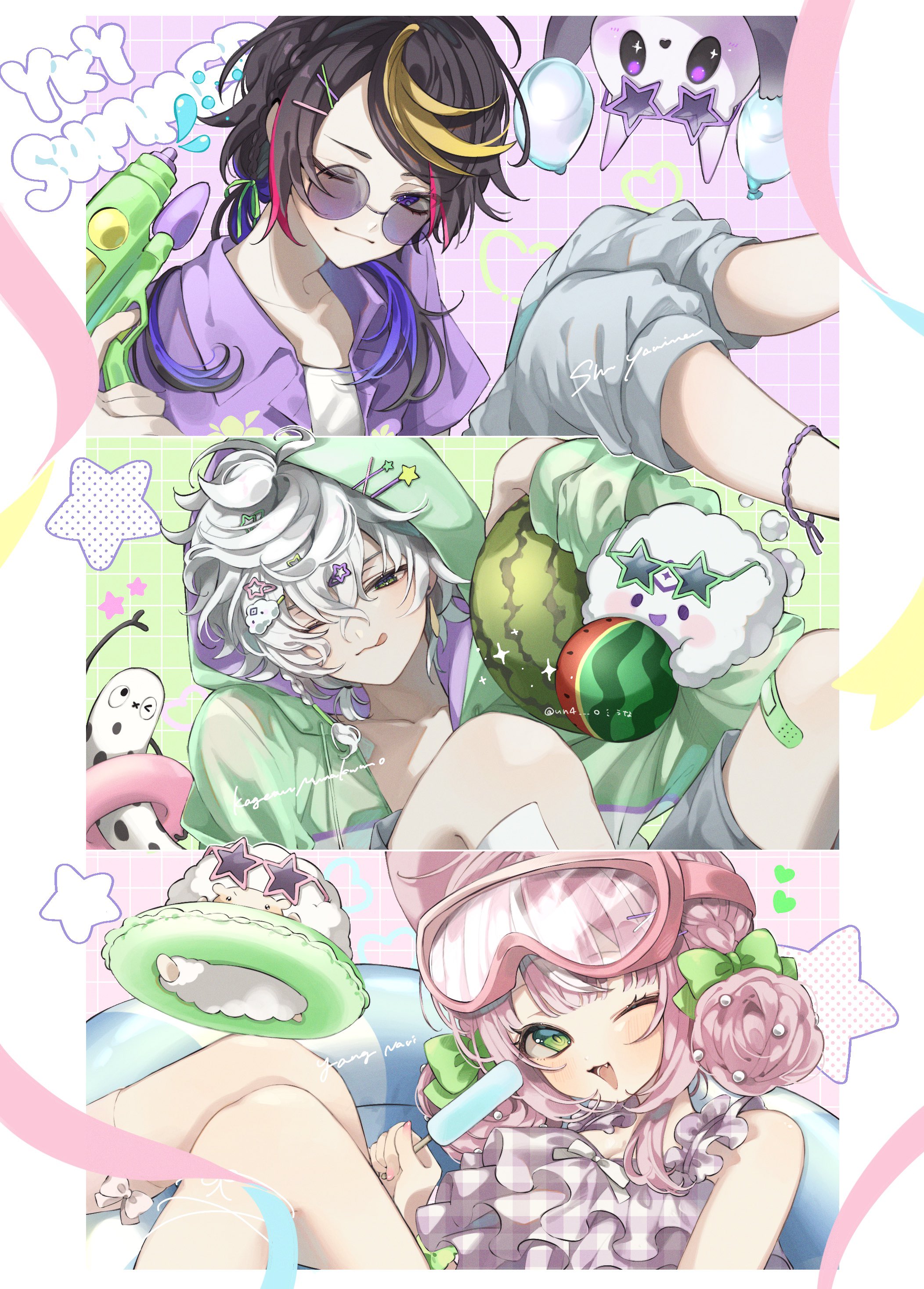 murakumo kagetsu, shu yamino, yang nari, nijisanji, nijisanji en, nijisanji kr, absurdres, highres, 1girl, 2boys, anklet, bikini, black hair, character name, food, frilled bikini, frills, fruit, goggles, goggles on head, green eyes, green jacket, hair ornament, hairclip, holding, holding food, holding popsicle, hood, hood up, hooded jacket, jacket, jewelry, long hair, looking at viewer, male focus, multiple boys, one eye closed, open clothes, open jacket, open shirt, pink bikini, pink hair, popsicle, purple eyes, purple shirt, shirt, short hair, smile, sunglasses, swimsuit, un4 o, undershirt, virtual youtuber, water balloon, water gun, watermelon, white hair, yamikumoyan (nijisanji)