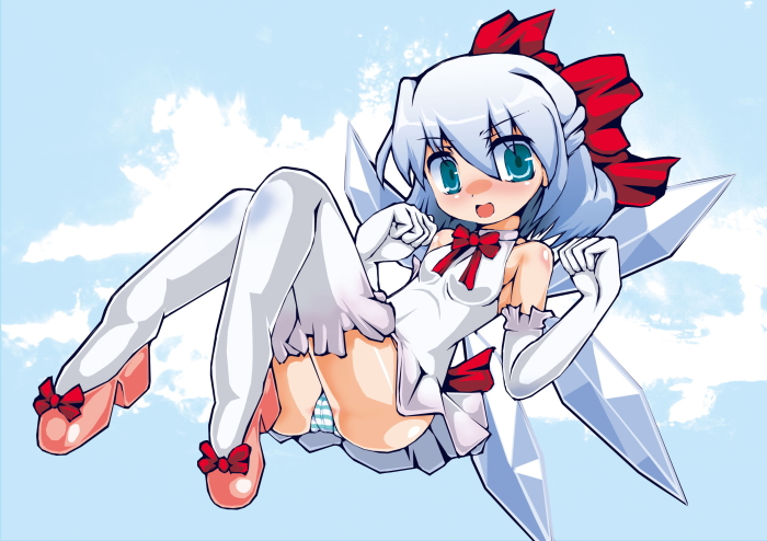 sukiyo, cirno, touhou, 1girl, alternate costume, blue hair, dress, female focus, full body, panties, ribbon, short hair, solo, thighhighs, underwear, wings